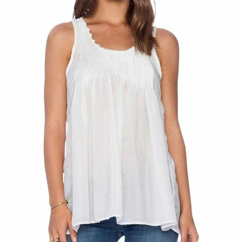 CP Shades Pia Linen Top Small Sleeveless Pin-tucks White
